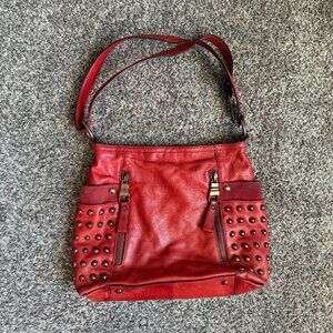 B. Makowsky Red Leather & Suede Studded Crossbody Shoulder Bag Purse